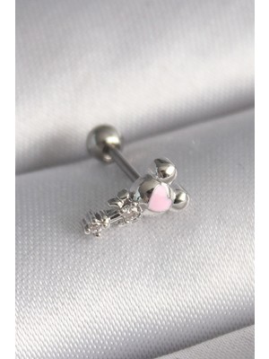 Vice Avm 316L Çelik Gümüş Renk Zirkon Taş Detay Pembe Kalp İşleme Tragus Piercing - TJ-PR1281 TG-V 7575