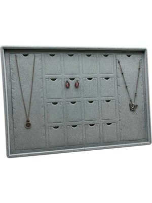 UltraMint Gri Süet Kumaş Ayaklı 34X24 cm Pedli Kolye Tablası Standı