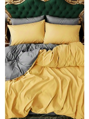 More Home  Çift Kişilik Yorgan Kılıfı + Yastık Kılıfı  (Çarşafsız) Sarı-Antrasit