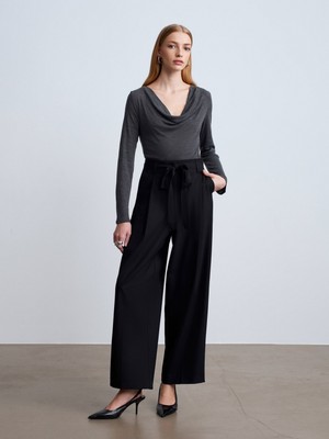 Dilvin 72215 Kemerli Pileli Pantolon-Siyah