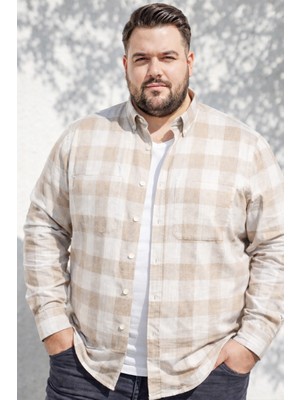 Varetta Erkek Bej Büyük Beden Gömlek Çift Cepli Bol Kesim Uzun Kollu