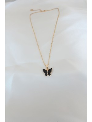 Maarketim Gold Kaplama Siyah Renkli Sedefli Kelebek Kolye