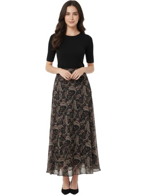 Thiff Kadın Etnik Desen Yüksek Bel Içi Astarlı Maxi Boy Şifon Etek