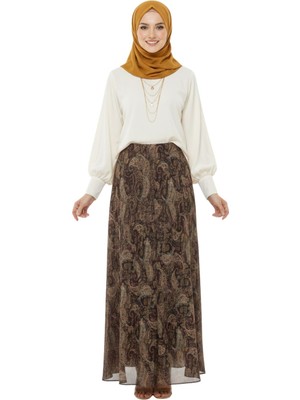 Thiff Tesettür Kadın Etnik Desen Yüksek Bel Içi Astarlı Maxi Boy Şifon Etek