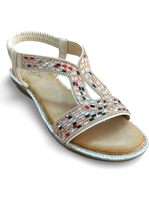 Guja 25Y187-3 Kadın Taşlı Düz Taban Comfort Sandalet Bej