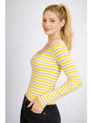 İMX Kadın Kare Yaka Uzun Kollu Fitilli Slim Fit Günlük Bluz