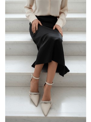 Divolya Jeremy Bej Taşlı Fiyonklu (8 cm Topuklu ) Sivri Burun Topuklu Ayakkabı