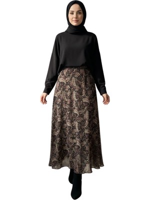 Thiff Tesettür Kadın Etnik Desen Yüksek Bel Içi Astarlı Maxi Boy Şifon Etek