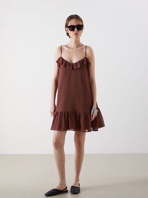 Lc Waikiki Yeni Sezon Kare Yaka Askılı Fırfırlı Şifon Mini Elbise