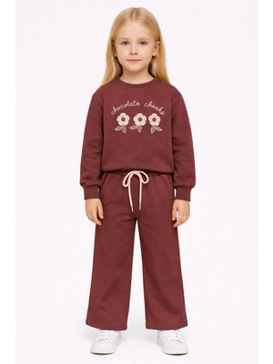 Zepkids Bisiklet Yaka Papatya Nakışlı Bordo Renk Kız Çocuk Eşofman Takım