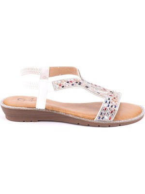 Guja 25Y187-3 Kadın Taşlı Düz Taban Comfort Sandalet Beyaz