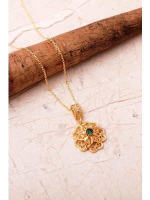 Sümer Telkari Taşlı Telkari Elişi Altın Kaplama 925 Ayar Gümüş Çiçek Kolye 8109