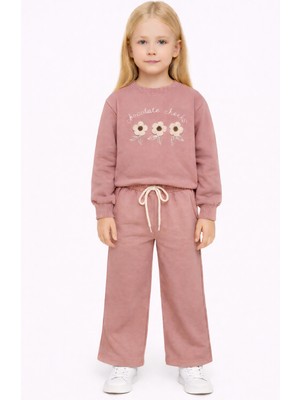 Zepkids Bisiklet Yaka Papatya Nakışlı Pudra Renk Kız Çocuk Eşofman Takım