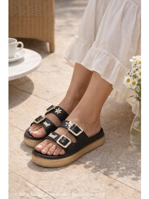 ModaOnn Premium Görünüm: Çiçek Detaylı Taşlı Tokalı Kadın Terlik