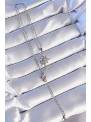 Maarketim 316L Çelik Gümüş Renk Zirkon Taşlı Kutup Yıldızı Model Kolye