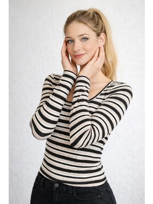 İMX Kadın Kare Yaka Uzun Kollu Fitilli Slim Fit Günlük Bluz