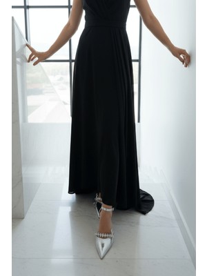 Divolya Jeremy Gümüş Taşlı Fiyonklu (8 cm Topuklu ) Sivri Burun Topuklu Ayakkabı