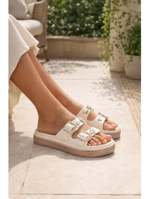 ModaOnn Premium Görünüm: Çiçek Detaylı Taşlı Tokalı Kadın Terlik