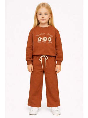 Zepkids Bisiklet Yaka Papatya Nakışlı Tarçın Rengi Kız Çocuk Eşofman Takım