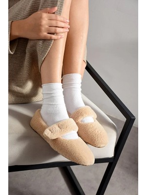 Moda Ayra Tavşan Tüyü Lastikli Kaydırmaz Taban Kadın Babet Panduf Ev Terliği