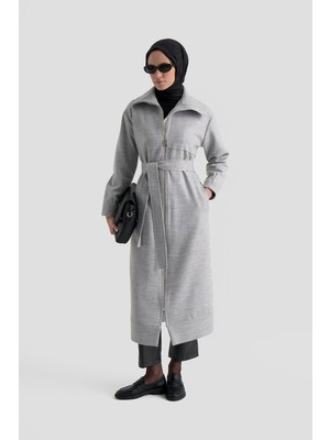 Armine Trend Belden Kuşaklı Astarlı Dik Yaka Pardösü Gri 25KT801