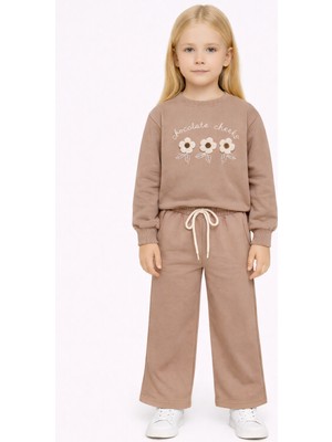 Zepkids Bisiklet Yaka Papatya Nakışlı Açık Kahve Rengi Kız Çocuk Eşofman Takım