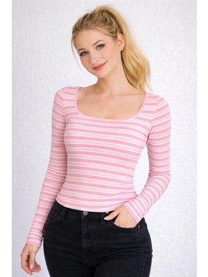 İMX Kadın Kare Yaka Uzun Kollu Fitilli Slim Fit Günlük Bluz