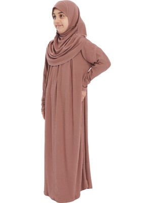 Çocuk Namaz Elbisesi- Kaşkorse Pratik Başörtülü - Gül Kurusu