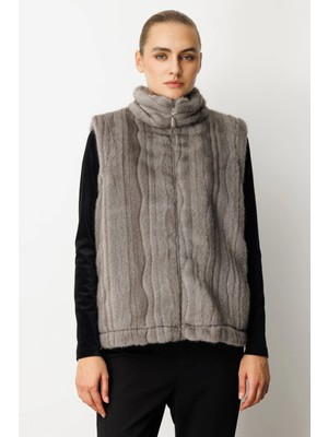 Ekol Çizgi Geçişli Kadın Gri Peluş Yelek 08505