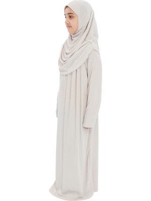 Çocuk Namaz Elbisesi- Kaşkorse Pratik Başörtülü - Koyu Krem