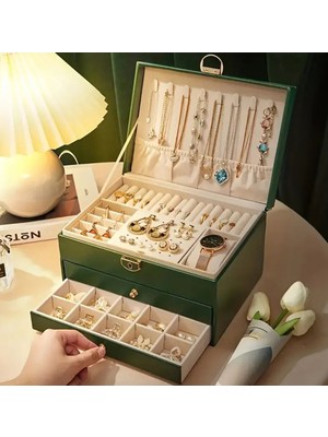 UltraMint Şık Çift Çekmeceli Suni Deri Yeşil Takı Saklama Kutusu