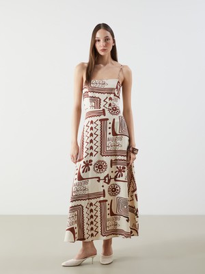 Lc Waikiki Yeni Sezon Kare Yaka Desenli Keten Karışımlı Elbise