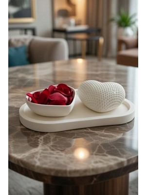 Safir Design Sevgililer Günü Hediyesi El Yapımı Dekor Seti - Dokulu Kalp ve Oval Tepsi