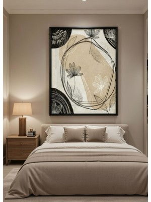 Safir Design Lüks Siyah ve Bej Modern Botanik Çizim Duvar Sanatı | Boho Modern Çerçeveli Tablo