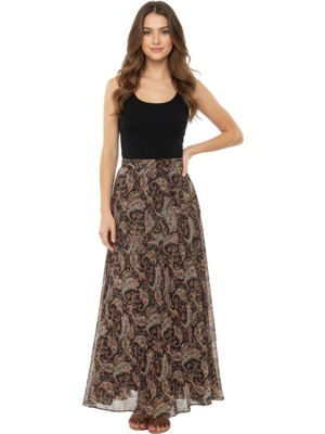 Thiff Kadın Etnik Desen Yüksek Bel Içi Astarlı Maxi Boy Şifon Etek