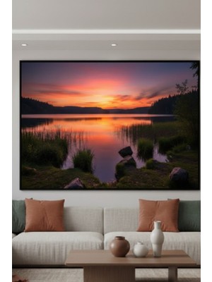 Safir Design Lüks Turuncu ve Mor Gün Batımı Gölü Duvar Sanatı | Modern Çerçeveli Tablo