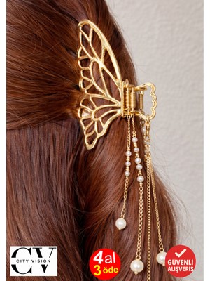 Incili Sallantılı Kelebek Figürlü Metal Mandal Saç Tokası Altın Renk 7 cm – Zarif ve Işıltılı Tasarım