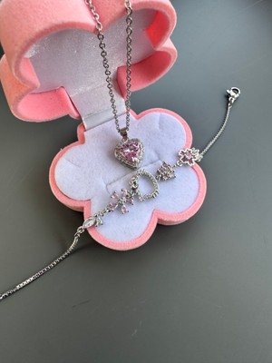 Gözde Aksesuarım Pembe Kalpli Çelik Kolye ve Hello Kıtty Bileklik Seti