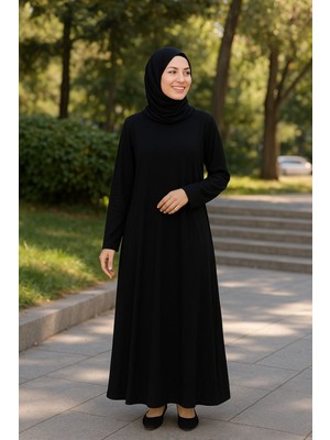 Moda Siyah Penye Tesettür Elbise Yan Cepli 125 cm Uzun Rahat Kesim Günlük Elbise