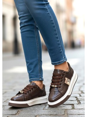 White Line Prens 163-1 Kadın Taşlı Günlük Sneaker Ayakkabı Kahve