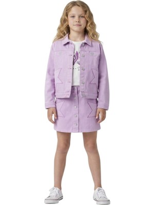 İrem Çocuk Giyim Kız Çocuk Yıldız Cep Detaylı Düğme Kapamalı Gabardin Kumaş Ceket Etek Tişört Üçlü Takım