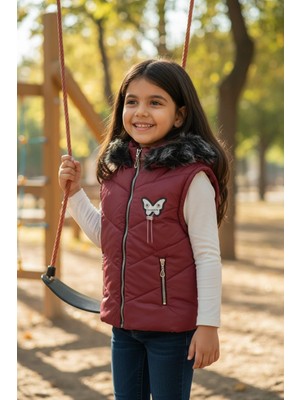 Kız Çocuk Kapüşonlu Kürklü Şişme Yelek - Bordo