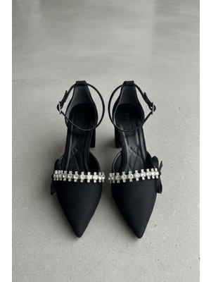 Divolya Dunka Siyah Süet Taşlı Fiyonklu (4 cm Topuklu ) Sivri Burun Topuklu Ayakkabı