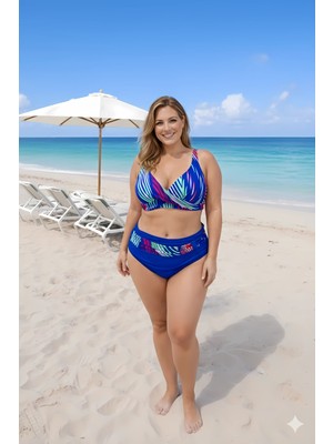 Hazelin Kadın Mavi Çok Renkli Büyük Beden Astarlı Bikini Takım HZL25S-LC21202