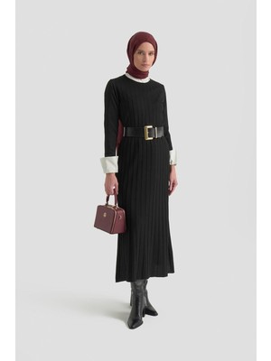 Armine Trend Kendinden Çizgili Triko Elbise Siyah 25KTD901