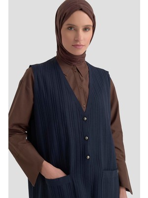 Armine Trend Kendinden Desenli Düğmeli Triko Yelek Lacivert 25YTD568