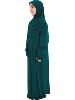 Pratik Tek Parça Organik Kız Çocuk Namaz Elbisesin - Yeşil 5-7 Yaş