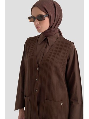 Armine Trend Kendinden Desenli Düğmeli Triko Yelek Kahverengi 25YTD568