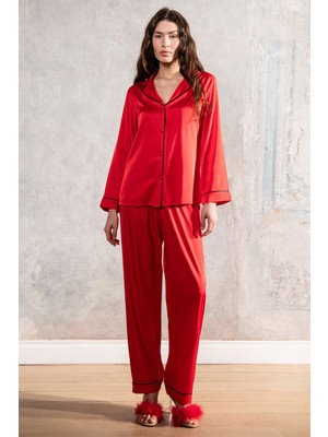 Feu De Elu Amour Kırmızı Uzun Saten Pijama Takımı