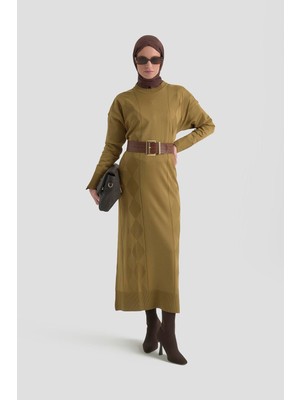 Armine Trend Baklava Desenli Triko Elbise Yağ Yeşili 25YTD958